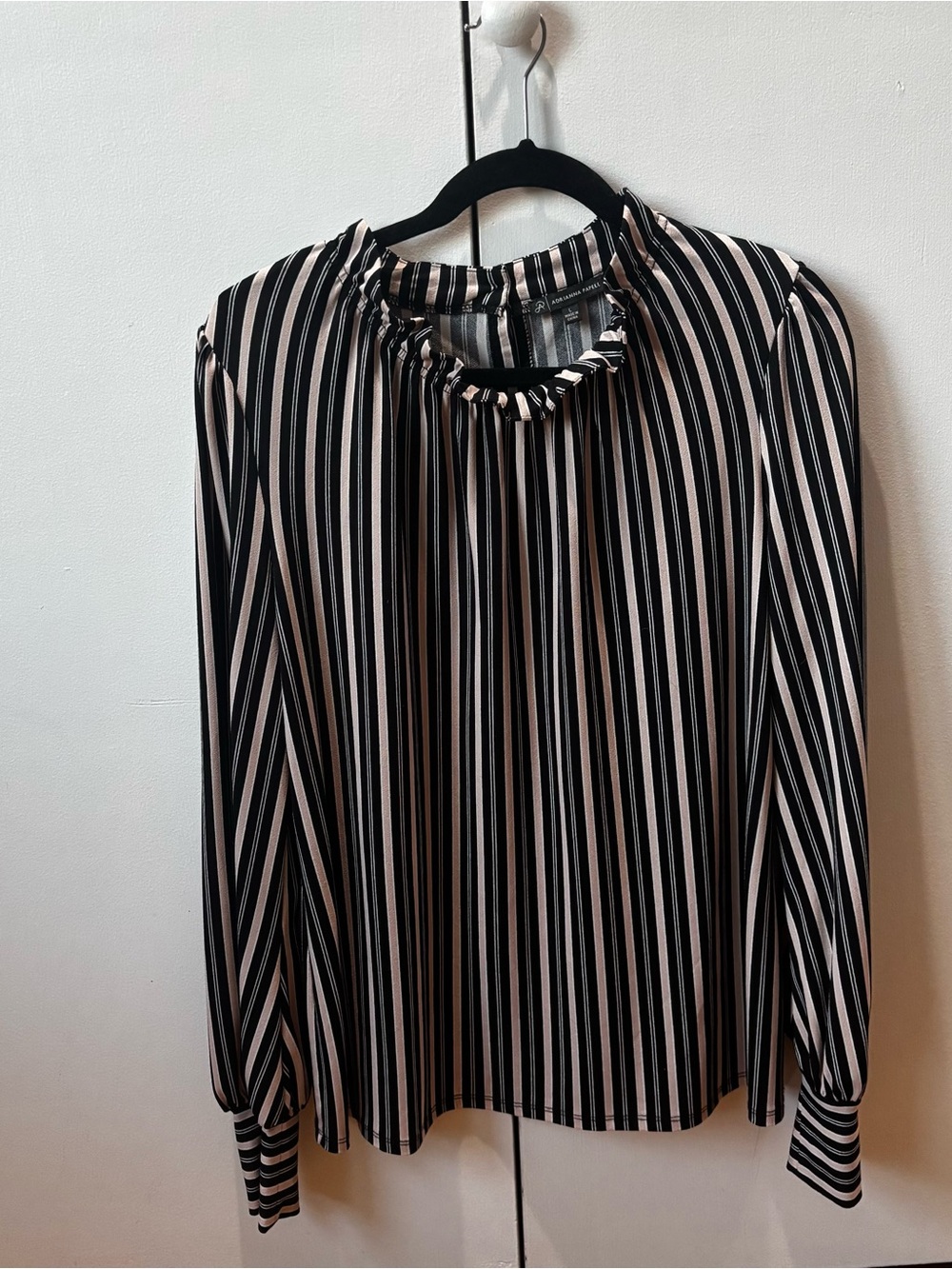 Adrianna Papell Black and Cream Striped Ruffle-Neck Blouse